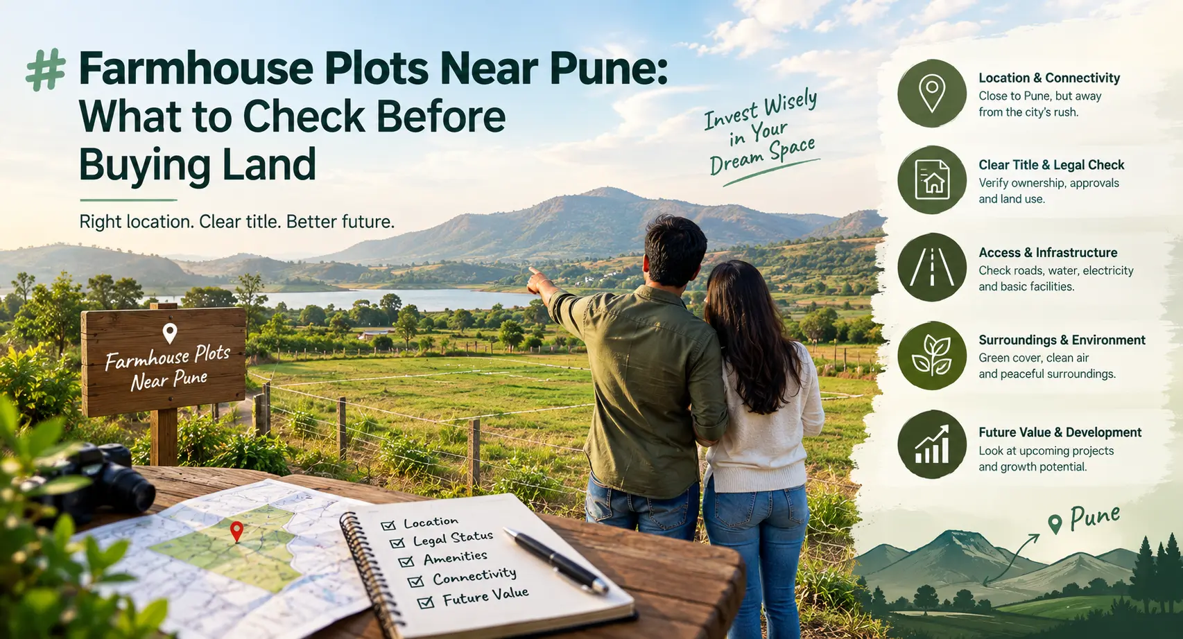 The growing interest in weekend homes, nature-focused living and land investment has increased demand for farmhouse plots near Pune. Areas around Bhor, Velhe, Mulshi and the Sahyadri region are attracting buyers looking for a peaceful location away from the city's busy lifestyle. However, buying a plot is an important long-term decision. The location may look attractive, but buyers should evaluate several factors before making an investment. Here are the key things to consider when looking for farmhouse plots near Pune. 1. Choose the Right Location Location is one of the most important factors when purchasing land. Look at the distance from Pune, accessibility from major roads and the surrounding environment. Areas with good road connectivity can be more convenient for weekend visits and future development. The Bhor, Velhe and Sahyadri regions offer a combination of green landscapes, hills, dams and relatively peaceful surroundings, making them interesting locations for people looking for a weekend property near Pune. 2. Verify the Land Title and Documentation Before purchasing any plot, buyers should carefully verify the property's legal documentation. Important documents and information may include: Clear land title Ownership records Property boundaries Land classification Approved layout or development permissions, where applicable Applicable local regulations Registration and other legal documents Buyers should have the documents reviewed by a qualified legal professional before completing a purchase. 3. Check Road Connectivity A scenic location is useful only if it is reasonably accessible. When evaluating plots near Pune, check: Approach road condition Distance from the nearest main road Travel time from Pune Accessibility during monsoon Nearby towns and essential facilities Future road connectivity Good accessibility can also make the property more practical for regular weekend visits. 4. Understand the Plot Development Not all plotted developments offer the same infrastructure. Before purchasing, understand what is included in the development. Depending on the project, this may include internal roads, security, landscaping, water arrangements, electricity connectivity and common amenities. Ask the developer for a clear explanation of the infrastructure being provided and any additional costs involved. 5. Consider the Natural Surroundings One of the biggest reasons people search for farmhouse land near Pune is the desire for a closer connection with nature. Green surroundings, hills, water bodies and open spaces can make a property more attractive for weekend living. At the same time, buyers should consider practical factors such as drainage, slope, water availability and accessibility before selecting a plot. 6. Think About Your Long-Term Purpose Before buying, decide how you intend to use the property. Your objective could be: Building a weekend home Creating a private farmhouse Having a nature-focused retreat Holding land as a long-term investment Creating a family getaway Understanding your purpose will help you choose the appropriate location, plot size and development. 7. Compare Developers and Projects Do not evaluate a project only on its location or price. Compare different farmhouse plot developers near Pune based on: Project documentation Location Accessibility Development quality Available infrastructure Transparency of information Customer support Track record of the developer A detailed comparison can help buyers understand what they are actually getting for their investment. 8. Explore Locations Around Bhor and Velhe For buyers interested in nature-oriented properties near Pune, Bhor and Velhe offer access to the broader Sahyadri landscape. These regions can appeal to people looking for quieter surroundings while remaining connected to Pune. Pancharatna Ventures develops plotted communities in locations around Bhor, Velhe and the Sahyadri region, with a focus on nature-oriented and gated developments. 9. Visit the Property Before Buying Online information can help with initial research, but a physical site visit is important. During the visit, check: Actual plot location Road access Surrounding development Terrain and slope Nearby properties Natural surroundings Mobile connectivity Water and electricity arrangements Distance from important landmarks A site visit can help you understand the property much better than photographs alone. Conclusion Buying farmhouse plots near Pune can be an important long-term decision, whether the goal is a weekend home, nature retreat or land investment. Location, documentation, connectivity, development, surroundings and the credibility of the developer should all be considered before making a purchase. For buyers exploring plotted developments around Bhor, Velhe and the Sahyadri region, Pancharatna Ventures offers nature-focused gated plot communities designed around the idea of combining land ownership with peaceful surroundings. Looking for farmhouse plots near Pune? Explore Pancharatna Ventures' projects and find a location suited to your long-term plans.